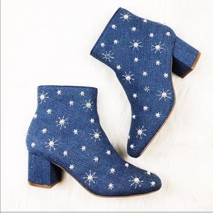 NIB The Fix Denim Pearl Block Heel Ankle Booties
